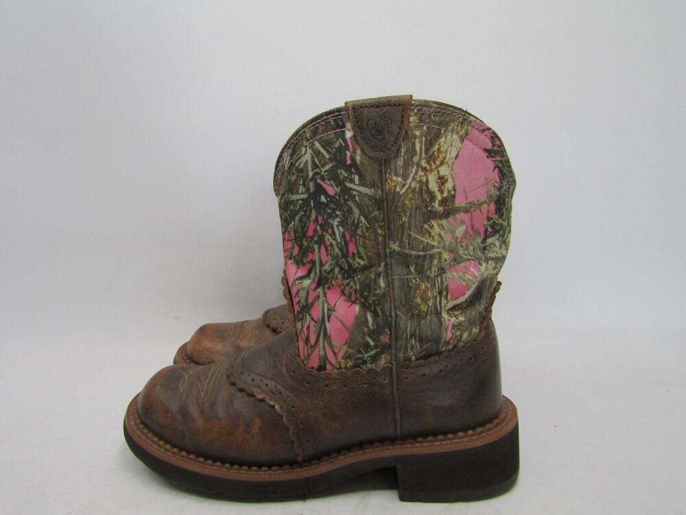 Ariat Fatbaby Women Sz 7 B Camo Pink Brown Leather Stockman Cowboy Western Boots